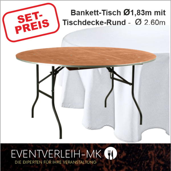 Set Bankett-Tisch rund 183er mit Tischdecke - FÜR 10 PERSONEN